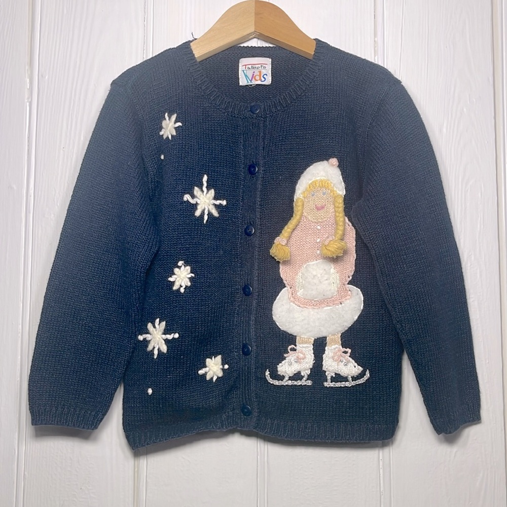 TALBOTS KIDS Adorable Navy Knit Ice-skater Pigtail Stair Cardigan Sweater